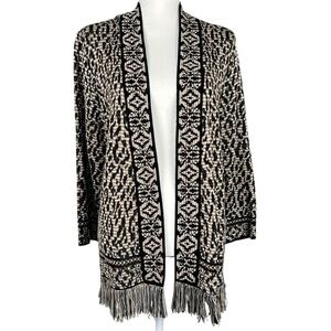 Ruby Rd Fringe Black Brown Abstract Animal Print Cardigan Sweater Size XL